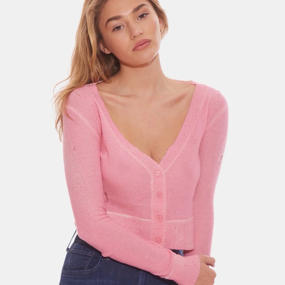 Blue & Cream Mia Shrunken Cashmere Cardigan XS Bubble‎ Gum Pink Cropped Sweater